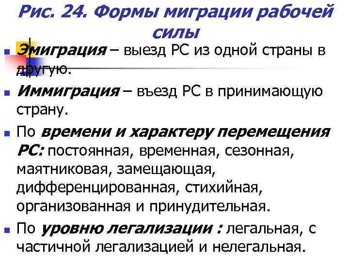 Рис. 24. Формы миграции рабочей силы n Эмиграция – выезд РС из одной страны