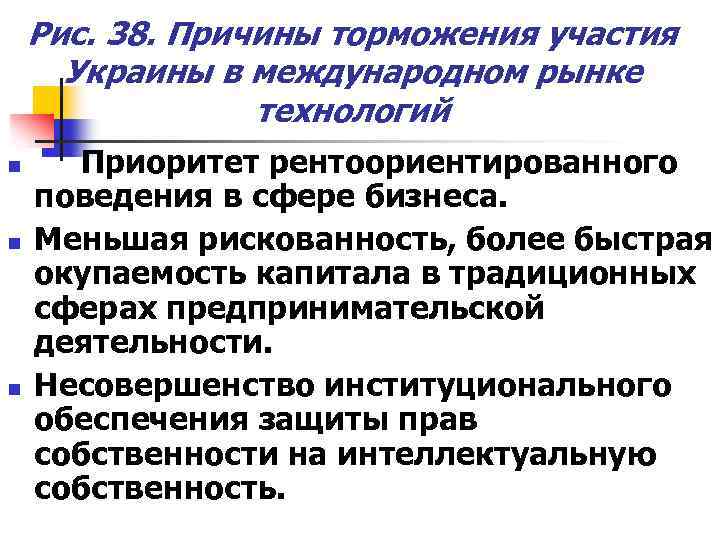 Рис. 38. Причины торможения участия Украины в международном рынке технологий n n n Приоритет