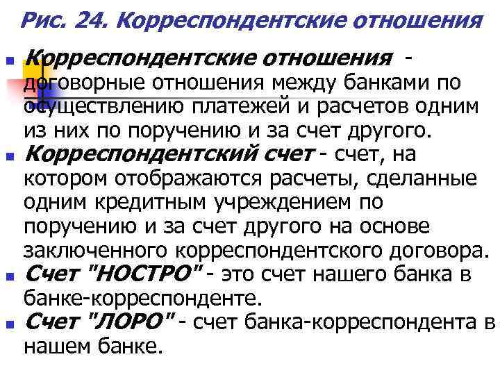 Рис. 24. Корреспондентские отношения n n Корреспондентские отношения - договорные отношения между банками по