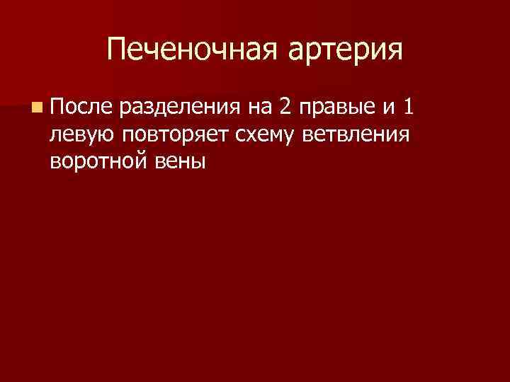 Печеночная артерия n После разделения на 2 правые и 1 левую повторяет схему ветвления