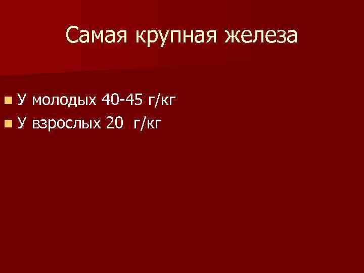 Самая крупная железа n. У молодых 40 -45 г/кг n У взрослых 20 г/кг