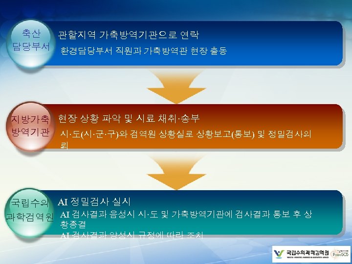 축산 관할지역 가축방역기관으로 연락 담당부서 환경담당부서 직원과 가축방역관 현장 출동 지방가축 현장 상황 파악