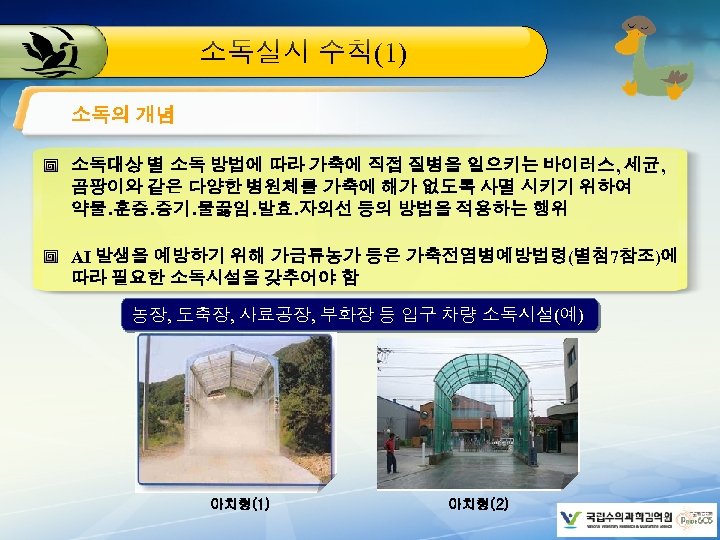 소독실시 수칙(1) 소독의 개념 소독대상 별 소독 방법에 따라 가축에 직접 질병을 일으키는 바이러스,