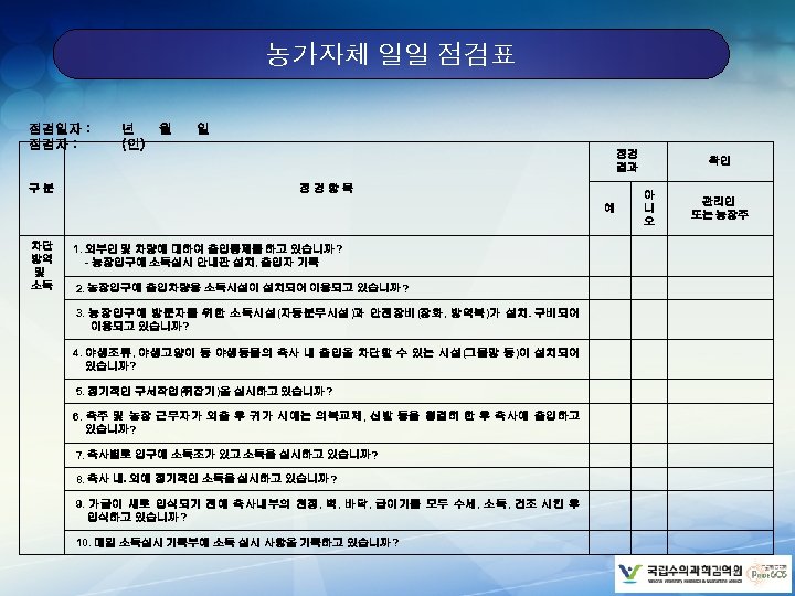 농가자체 일일 점검표 점검일자 : 년 월 일 점검자 : (인) 구 분 점검