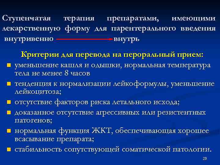 Ступенчатая терапия препаратами, имеющими лекарственную форму для парентерального введения внутривенно внутрь n n n