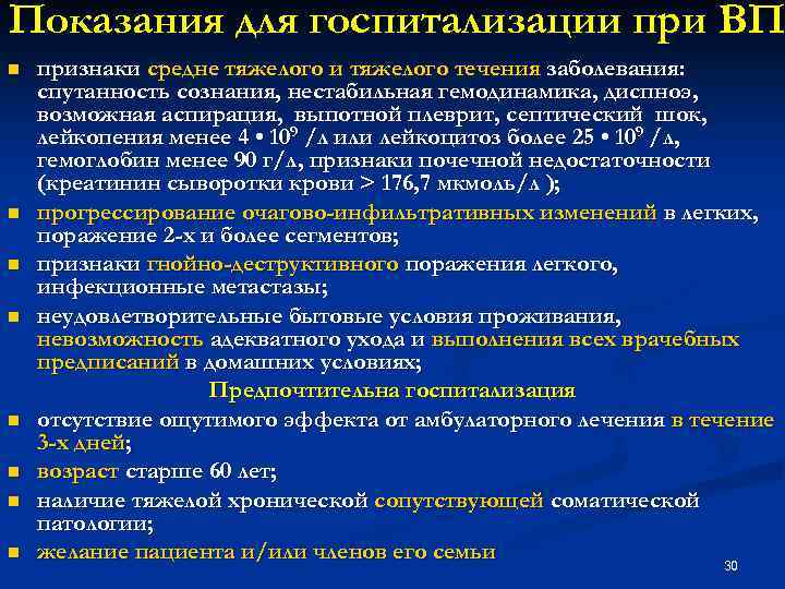 Показания для госпитализации при ВП n n n n признаки средне тяжелого и тяжелого