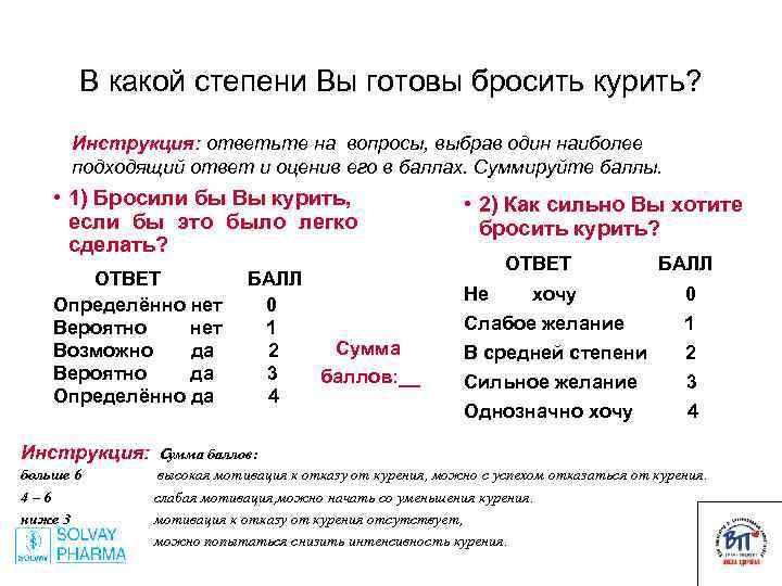 В какой степени Вы готовы бросить курить? Инструкция: ответьте на вопросы, выбрав один наиболее