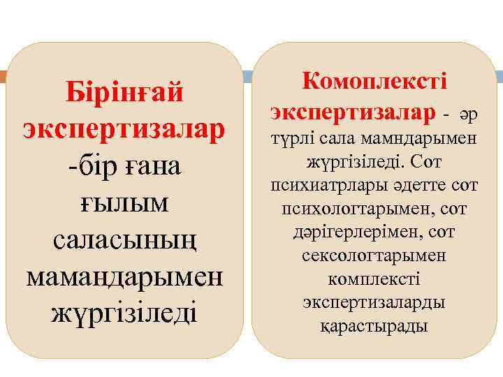 Бірінғай экспертизалар -бір ғана ғылым саласының мамандарымен жүргізіледі Комоплексті экспертизалар - әр түрлі сала