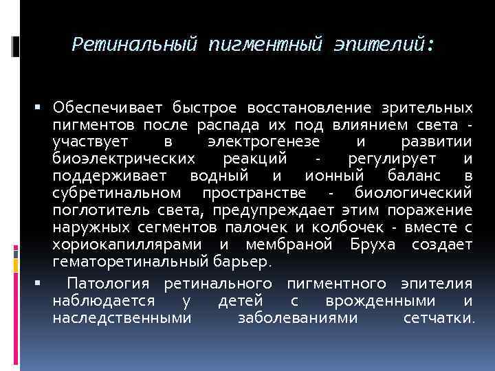 Ретинальный пигментный эпителий: Обеспечивает быстрое восстановление зрительных пигментов после распада их под влиянием света