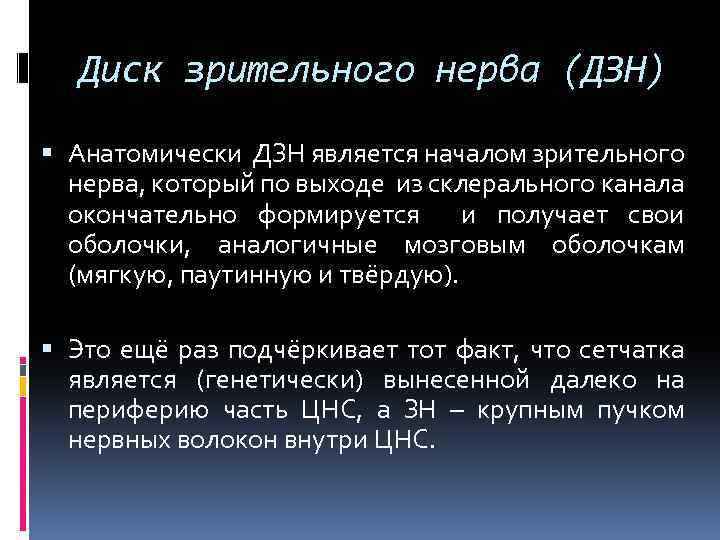 Диск зрительного нерва (ДЗН) Анатомически ДЗН является началом зрительного нерва, который по выходе из