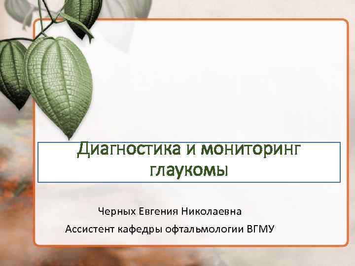 Диагностика и мониторинг глаукомы Черных Евгения Николаевна Ассистент кафедры офтальмологии ВГМУ 