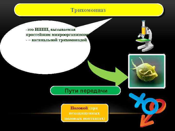 Трихомониаз -это ИППП, вызываемая простейшим микроорганизмом - – вагинальной трихомонадой Пути передачи Половой (при