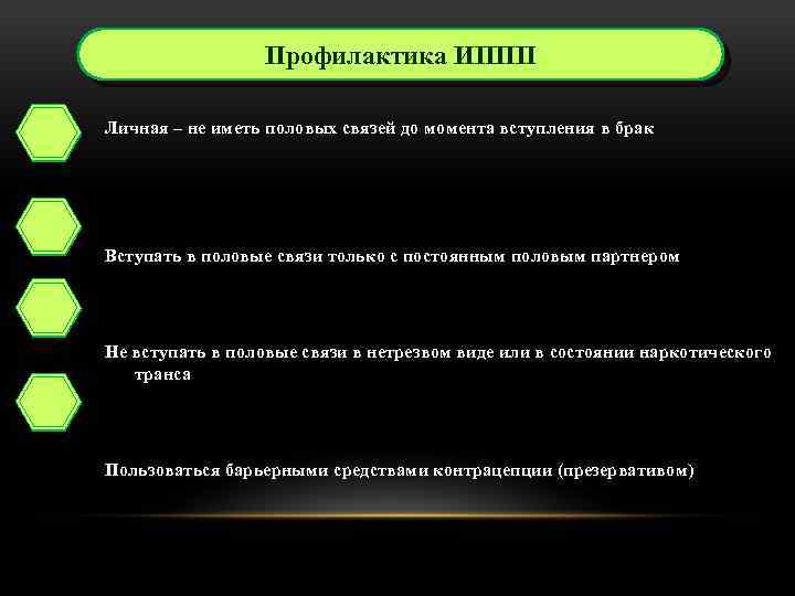Профилактика ИППП Личная – не иметь половых связей до момента вступления в брак Вступать