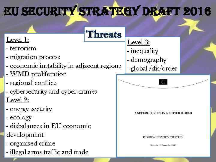 eu security strategy draft 2016 Threats Level 1: - terrorism - migration process -