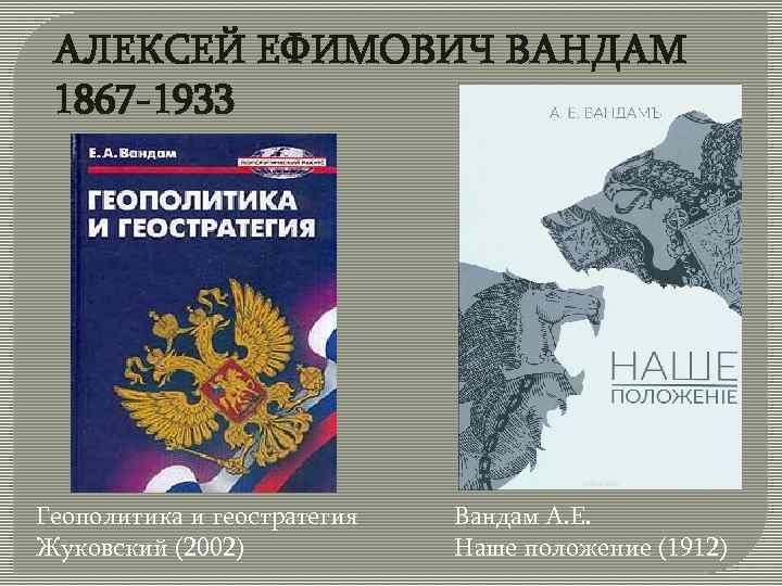 АЛЕКСЕЙ ЕФИМОВИЧ ВАНДАМ 1867 -1933 Геополитика и геостратегия Жуковский (2002) Вандам А. Е. Наше