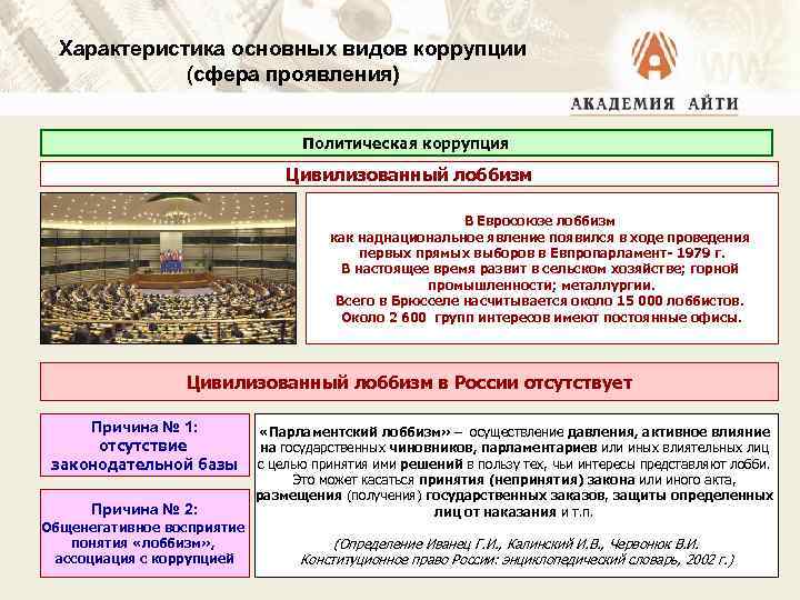 Характеристика основных видов коррупции (сфера проявления) Политическая коррупция Цивилизованный лоббизм В Евросоюзе лоббизм как