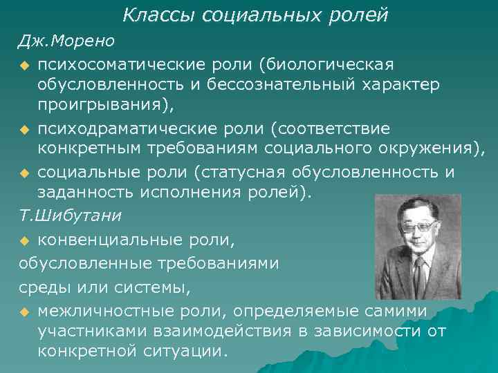 Классы социальных ролей Дж. Морено u психосоматические роли (биологическая обусловленность и бессознательный характер проигрывания),