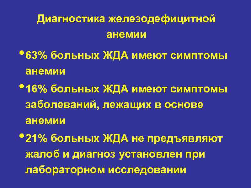 Диагностика железодефицитной анемии • 63% больных ЖДА имеют симптомы анемии • 16% больных ЖДА