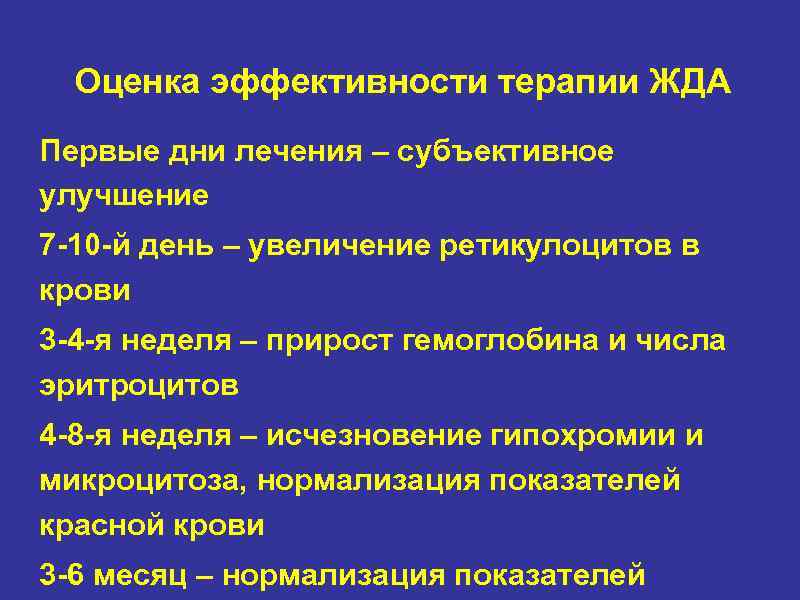 Оценка эффективности терапии ЖДА Первые дни лечения – субъективное улучшение 7 -10 -й день