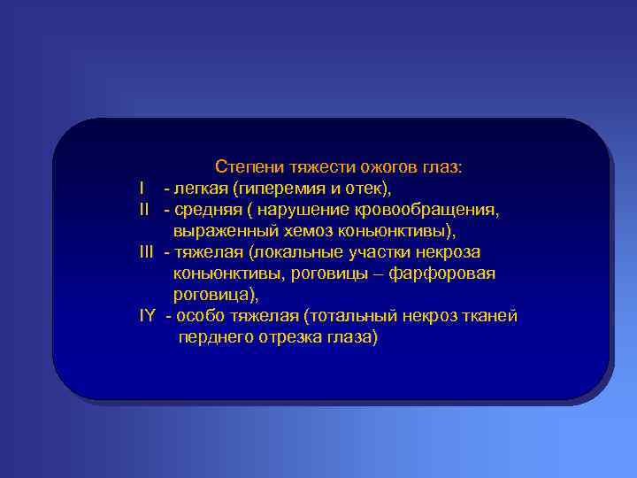 Степени тяжести ожогов глаз: I - легкая (гиперемия и отек), II - средняя (