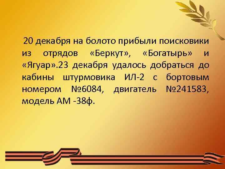 20 декабря на болото прибыли поисковики из отрядов «Беркут» , «Богатырь» и «Ягуар» .