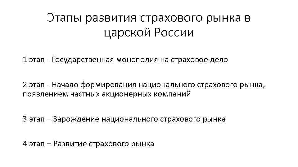 Этапы развития страхового рынка в царской России 1 этап - Государственная монополия на страховое