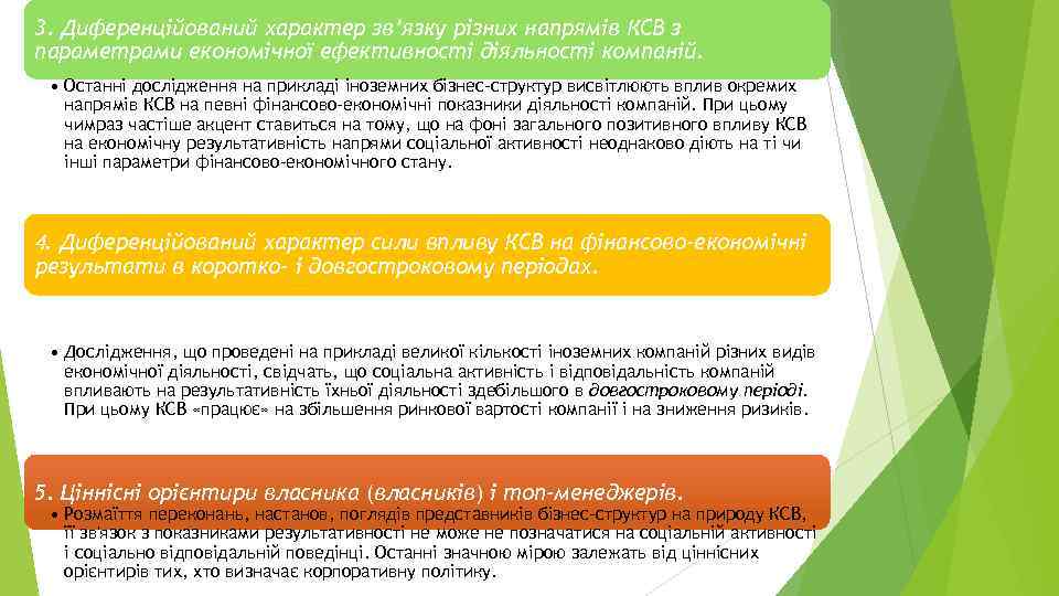 3. Диференційований характер зв’язку різних напрямів КСВ з параметрами економічної ефективності діяльності компаній. •