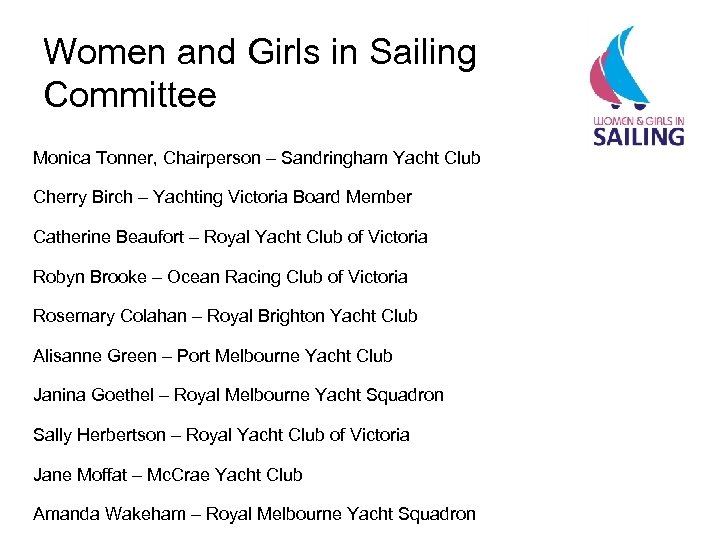 Women and Girls in Sailing Committee Monica Tonner, Chairperson – Sandringham Yacht Club Cherry