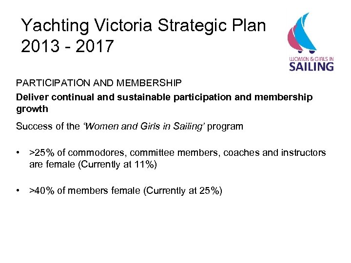Yachting Victoria Strategic Plan 2013 - 2017 PARTICIPATION AND MEMBERSHIP Deliver continual and sustainable