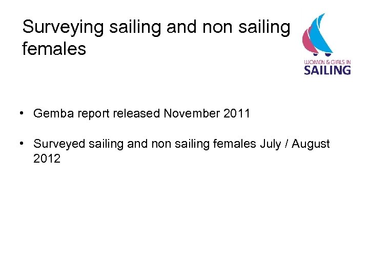 Surveying sailing and non sailing females • Gemba report released November 2011 • Surveyed