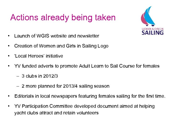 Actions already being taken • Launch of WGIS website and newsletter • Creation of