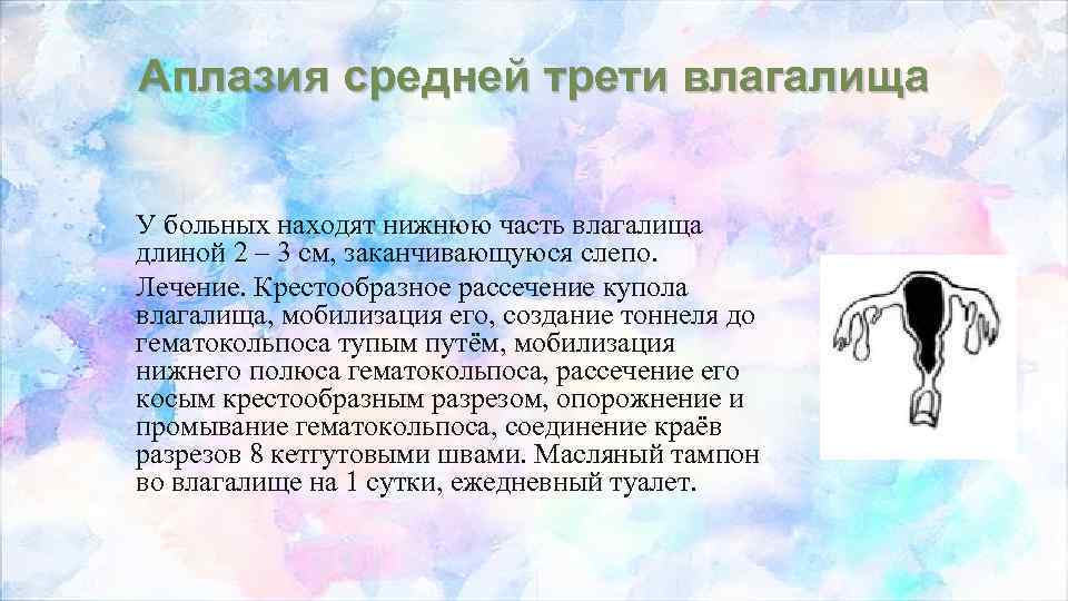 Аплазия средней трети влагалища • • У больных находят нижнюю часть влагалища длиной 2