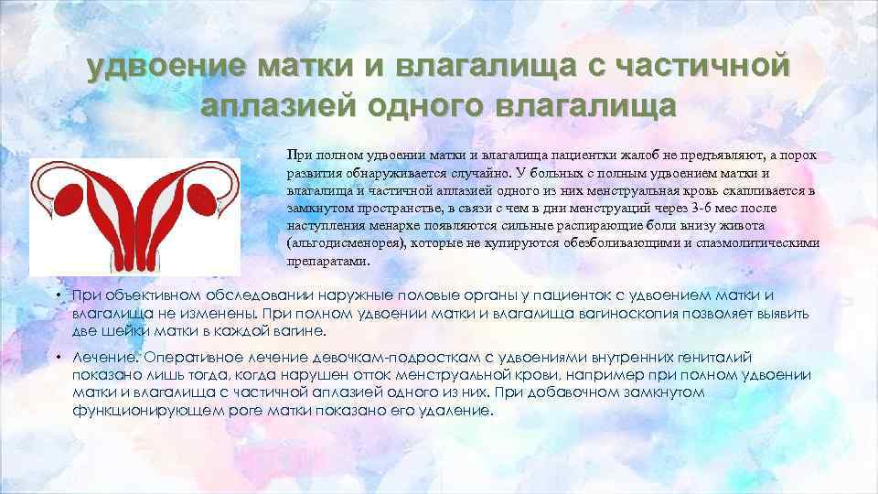 удвоение матки и влагалища с частичной аплазией одного влагалища • При полном удвоении матки