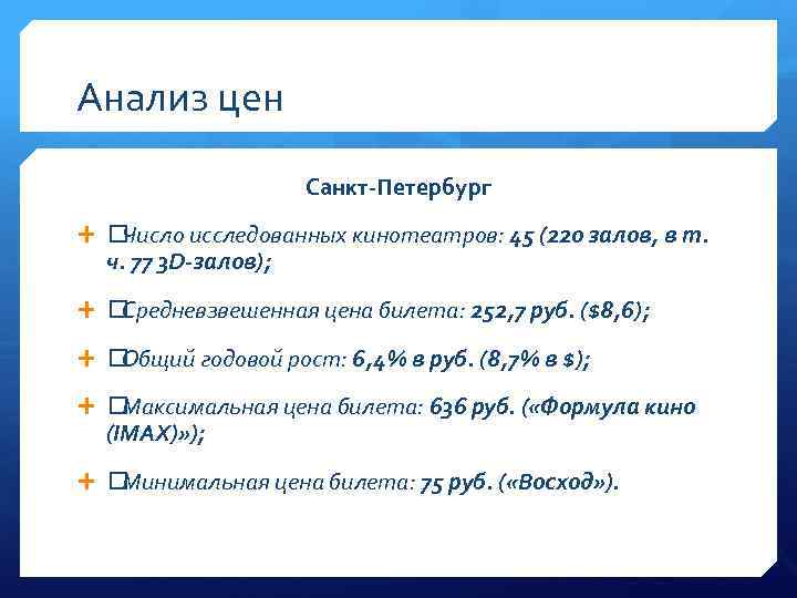 Анализ цен Санкт-Петербург Число исследованных кинотеатров: 45 (220 залов, в т. ч. 77 3