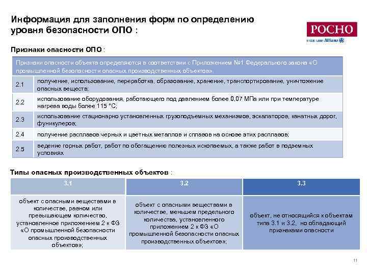 Информация для заполнения форм по определению уровня безопасности ОПО : Признаки опасности объекта определяются