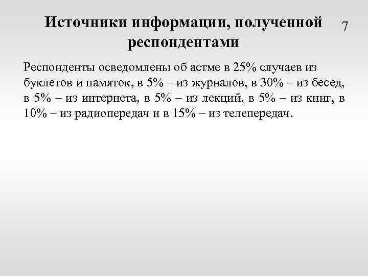 Источники информации, полученной респондентами 7 Респонденты осведомлены об астме в 25% случаев из буклетов