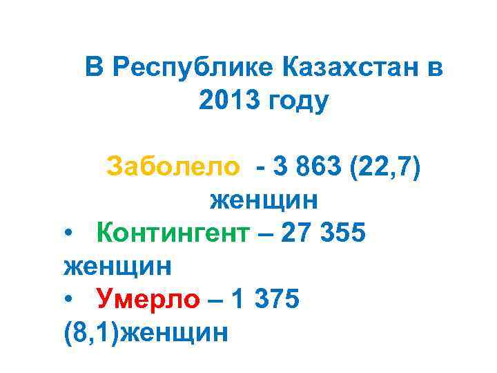 В Республике Казахстан в 2013 году Заболело - 3 863 (22, 7) женщин •