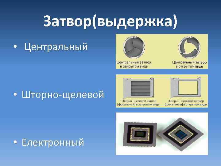 Затвор(выдержка) • Центральный • Шторно-щелевой • Електронный 