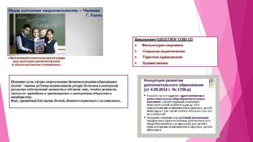 Направления ОДОД ГБОУ СОШ 153 Социально-педагогическое Туристско-краеведческое Основная цель сферы современного дополнительного образования детей