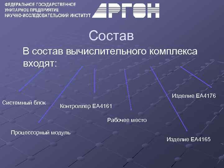 Состав В состав вычислительного комплекса входят: Изделие ЕА 4176 Системный блок Контроллер ЕА 4161