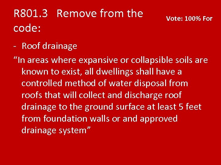 R 801. 3 Remove from the code: Vote: 100% For - Roof drainage “In