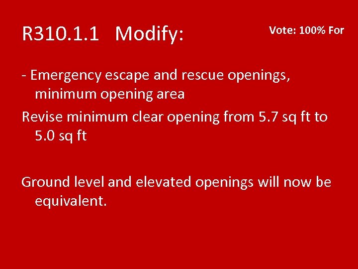 R 310. 1. 1 Modify: Vote: 100% For - Emergency escape and rescue openings,