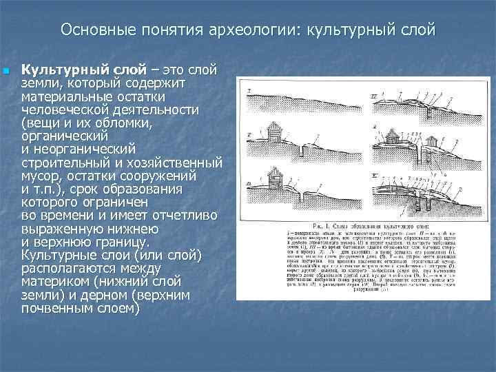 Основные понятия археологии: культурный слой n Культурный слой – это слой земли, который содержит