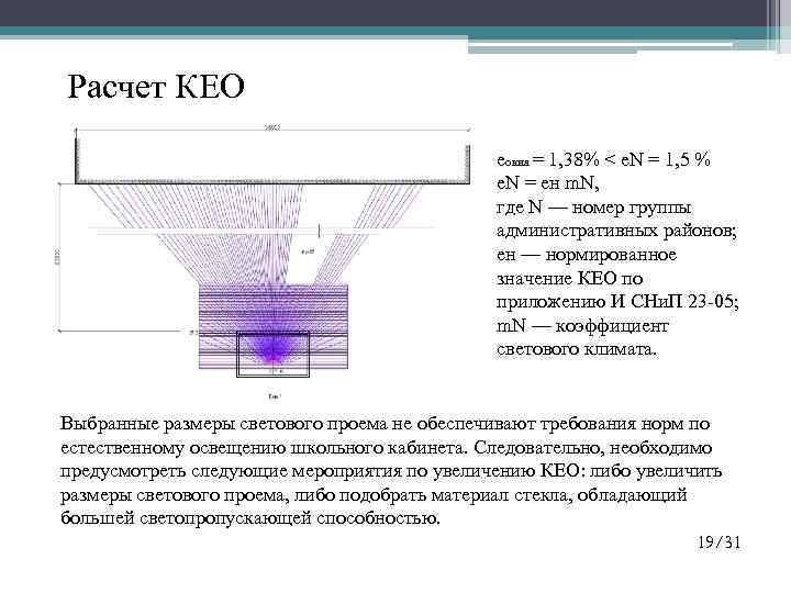 Расчет КЕО eокна = 1, 38% < e. N = 1, 5 % e.