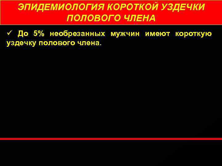 ЭПИДЕМИОЛОГИЯ КОРОТКОЙ УЗДЕЧКИ ПОЛОВОГО ЧЛЕНА ü До 5% необрезанных мужчин имеют короткую уздечку полового