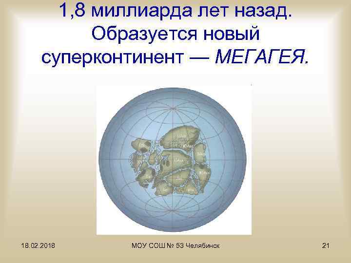 1, 8 миллиарда лет назад. Образуется новый суперконтинент — МЕГАГЕЯ. 18. 02. 2018 МОУ