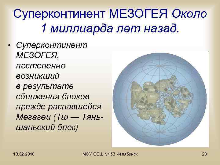 Суперконтинент МЕЗОГЕЯ Около 1 миллиарда лет назад. • Суперконтинент МЕЗОГЕЯ, постепенно возникший в результате