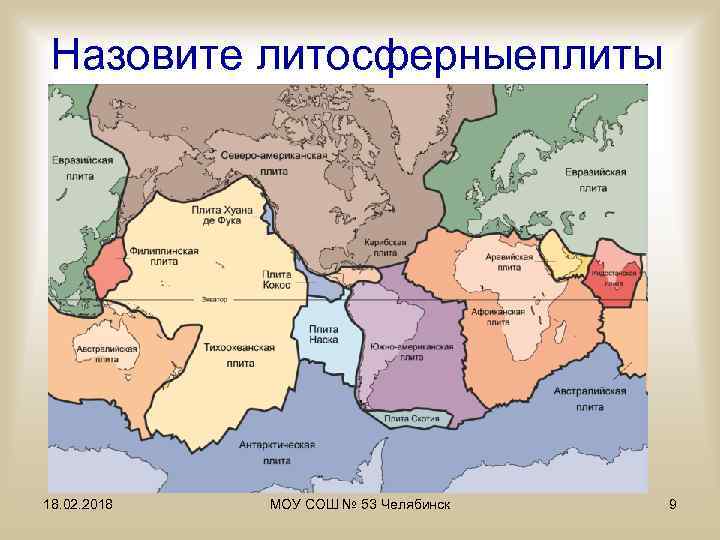 Назовите литосферныеплиты 18. 02. 2018 МОУ СОШ № 53 Челябинск 9 