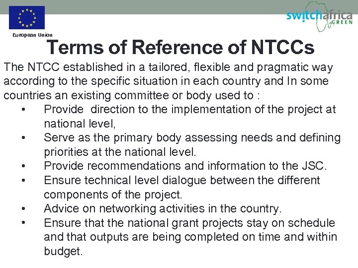 European Union Terms of Reference of NTCCs The NTCC established in a tailored, flexible
