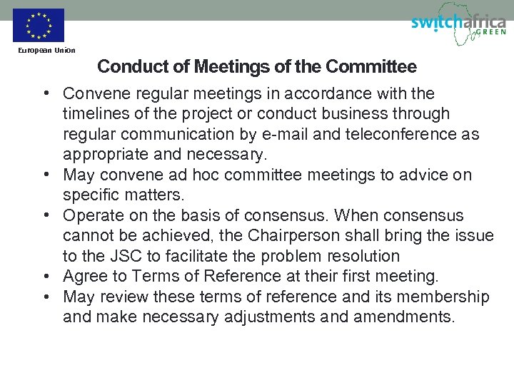 European Union Conduct of Meetings of the Committee • Convene regular meetings in accordance